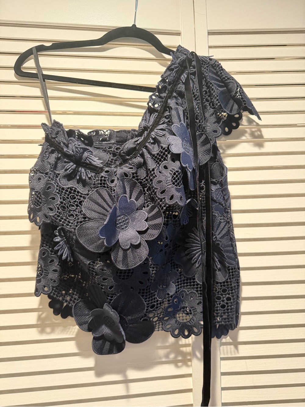 Self Portrait Navy Floral Lace One-Shoulder Top
